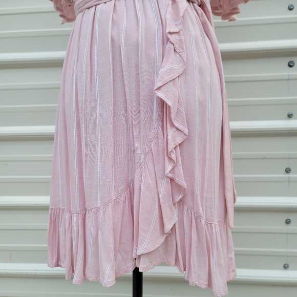 LC Lauren Conrad Belted Flutter Short Sleeve V Neck Pink Striped Dress XS - Picture 11 of 14